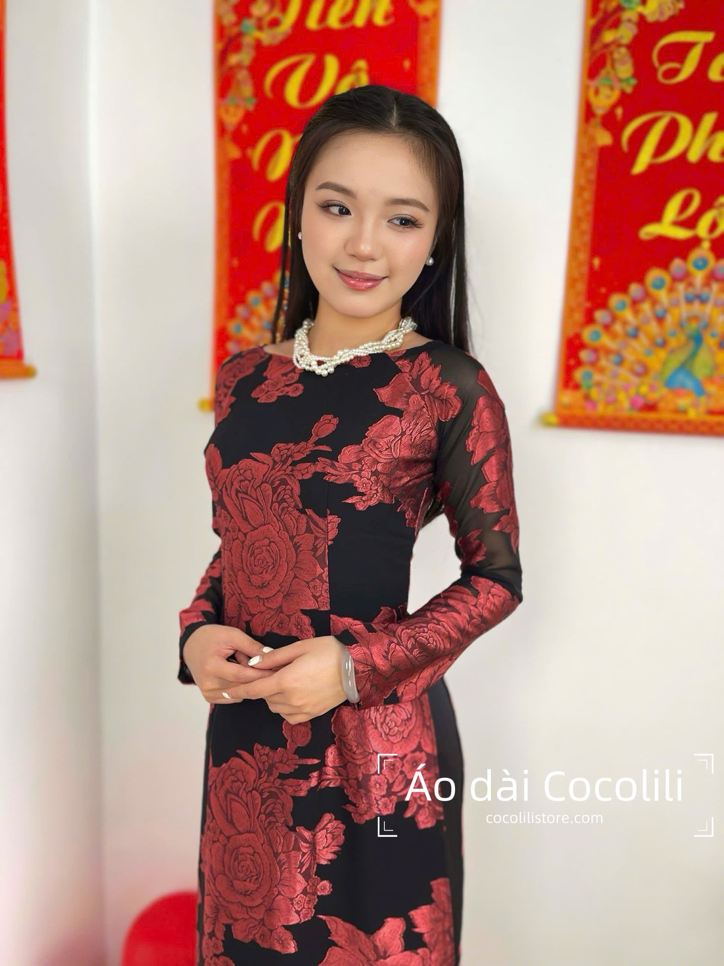 T479 2442 Áo only - Áo dài 4 tà tơ silk màu đen hoa hồng