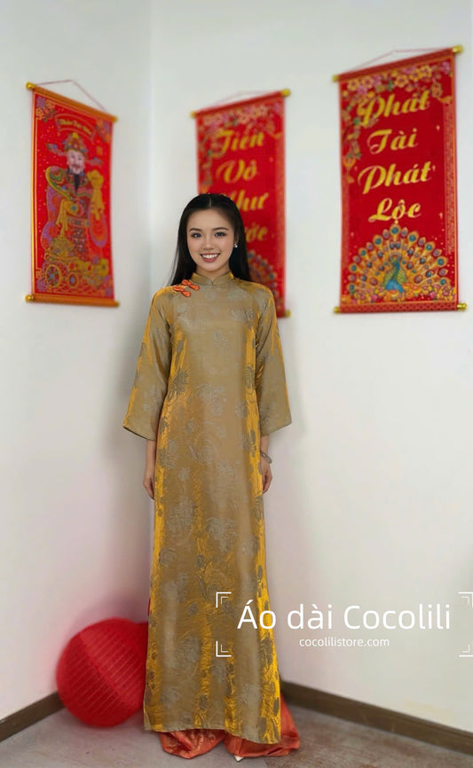 M340 Áo + quần thọ dơi cam - Áo dài dáng suông 2 tà màu vàng đồng