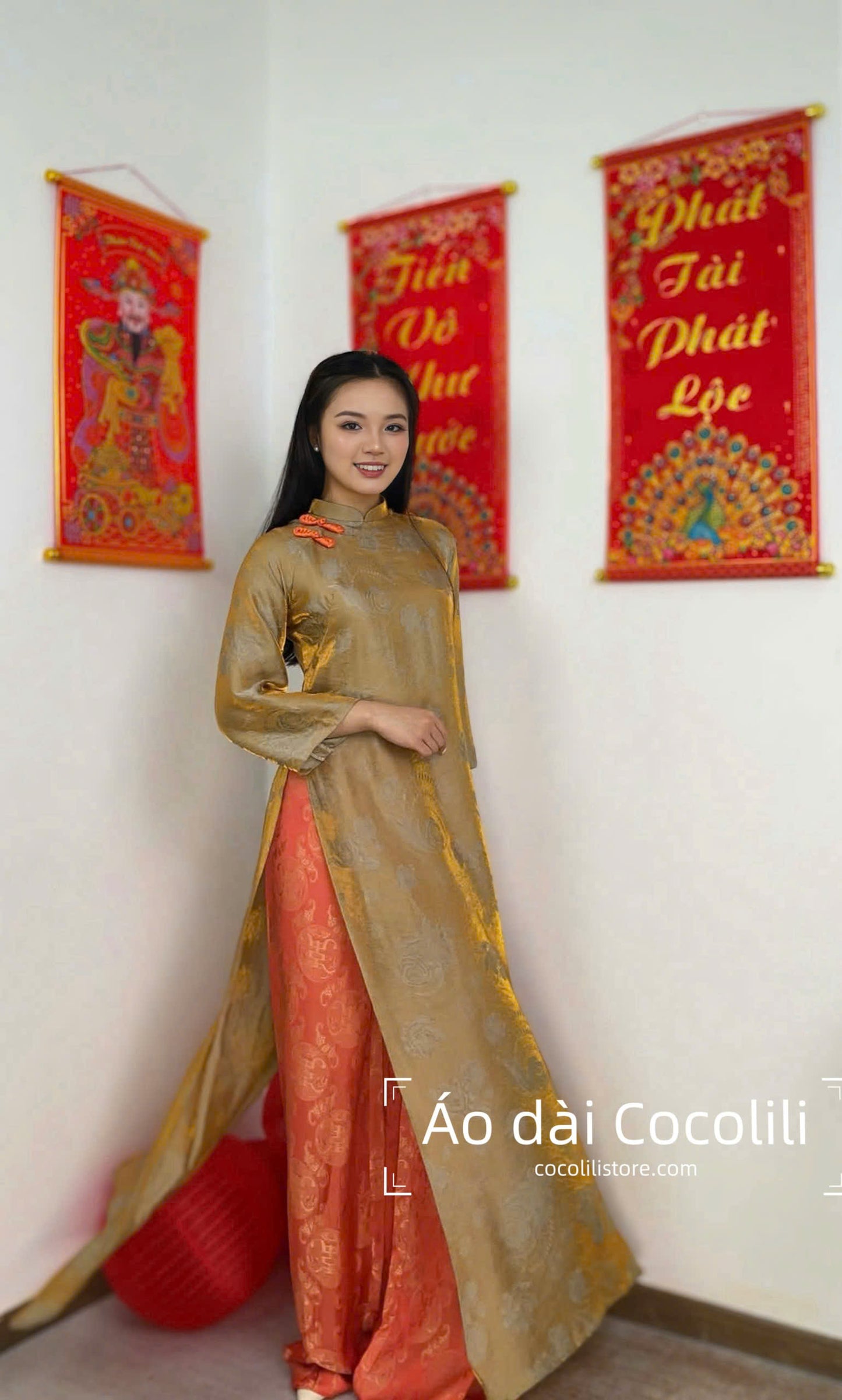 M340 Áo + quần thọ dơi cam - Áo dài dáng suông 2 tà màu vàng đồng
