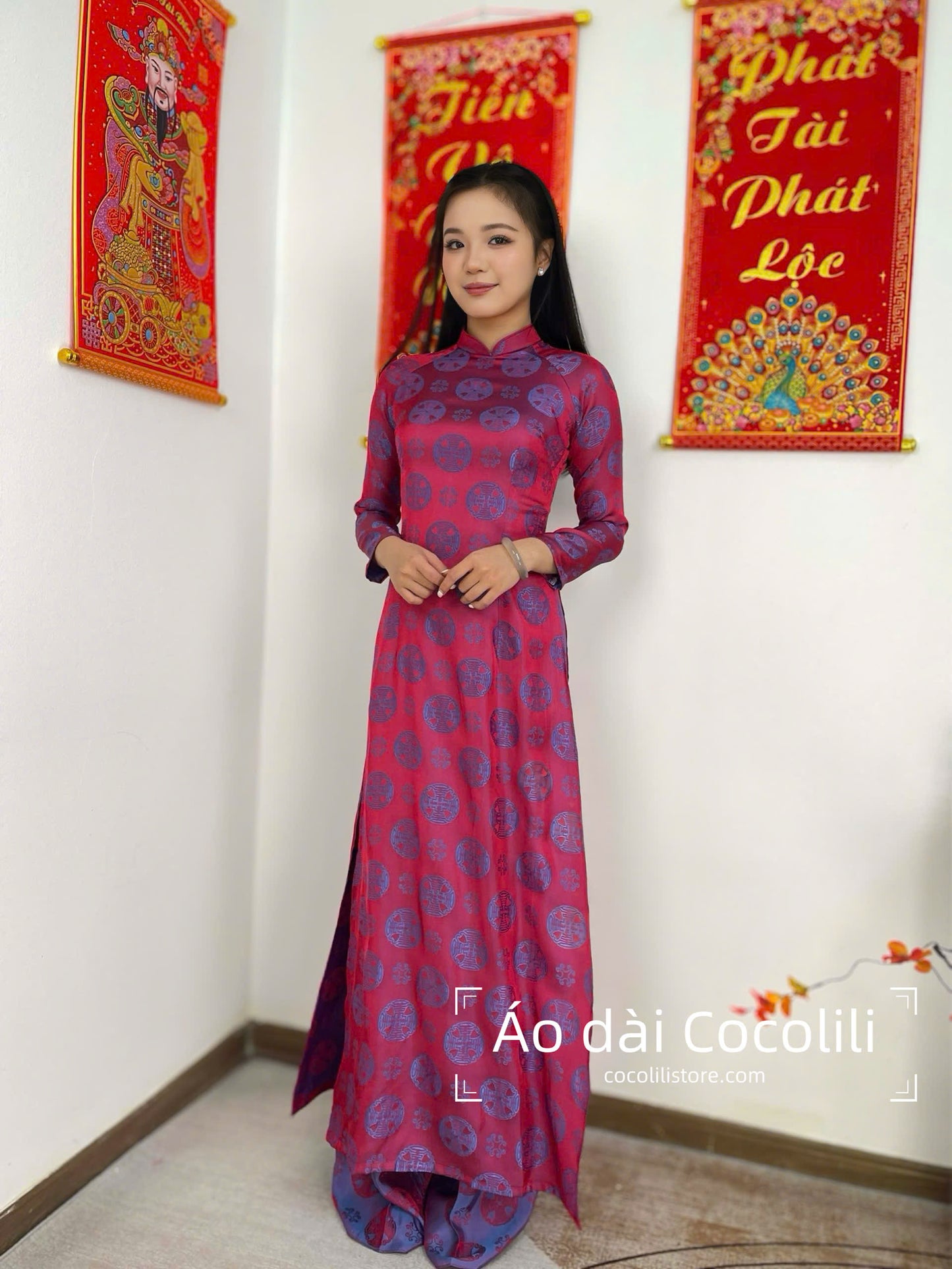 M334 áo + quần cùng chất lụa Vạn Hỷ - Áo dài dáng truyền thống chiết li tà 130cm màu hồng sen