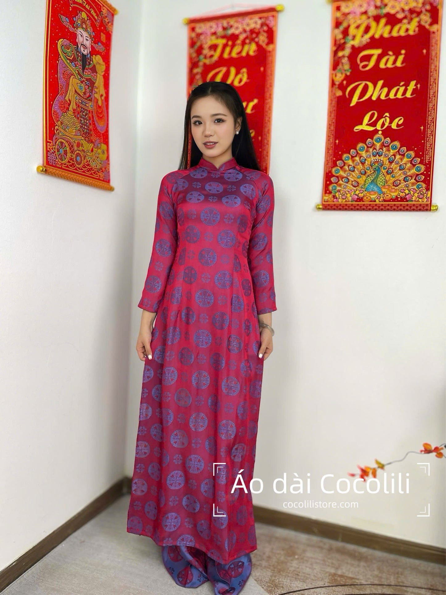 M334 áo + quần cùng chất lụa Vạn Hỷ - Áo dài dáng truyền thống chiết li tà 130cm màu hồng sen