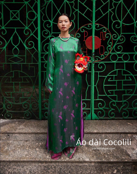 HD33 Áo + quần - Áo dài 2 tà lụa nha xá Hà Đông màu xanh ánh tím