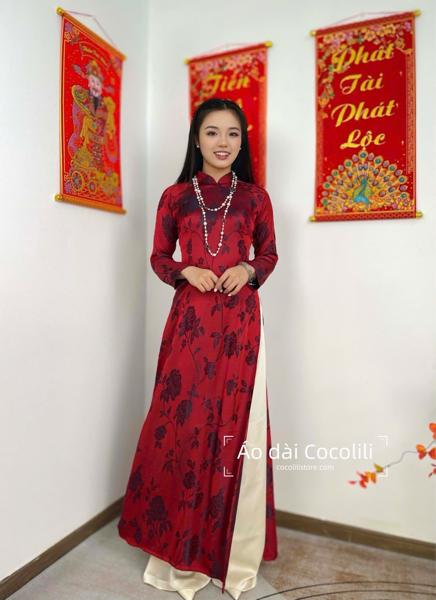 H545 only áo - Áo dài dáng truyền thống chiết li tà 130cm màu đỏ