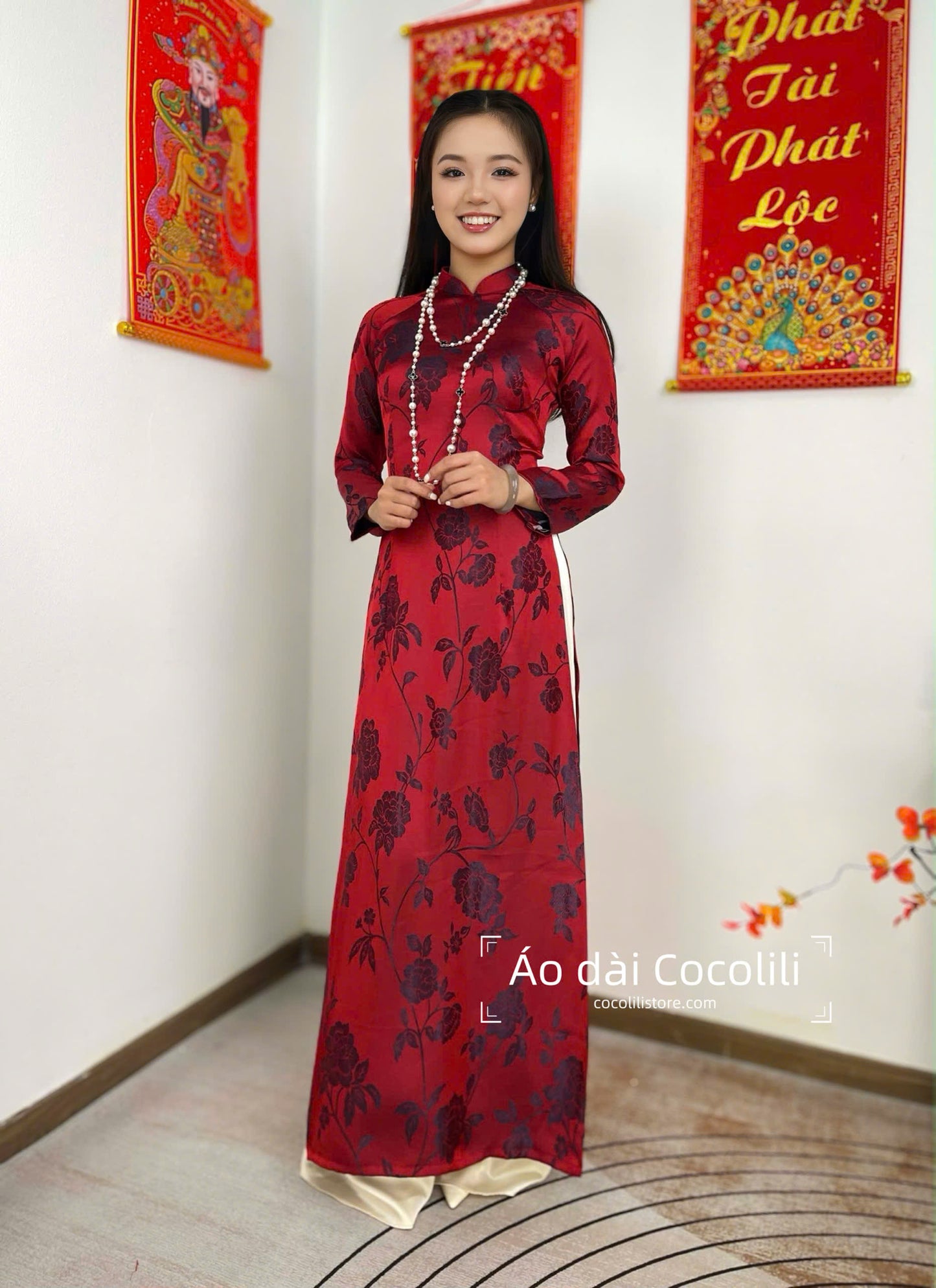 H545 only áo - Áo dài dáng truyền thống chiết li tà 130cm màu đỏ