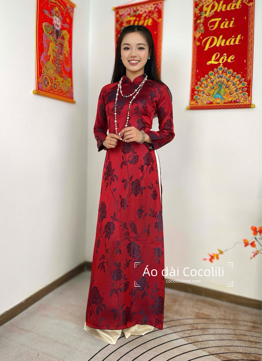 H545 only áo - Áo dài dáng truyền thống chiết li tà 130cm màu đỏ