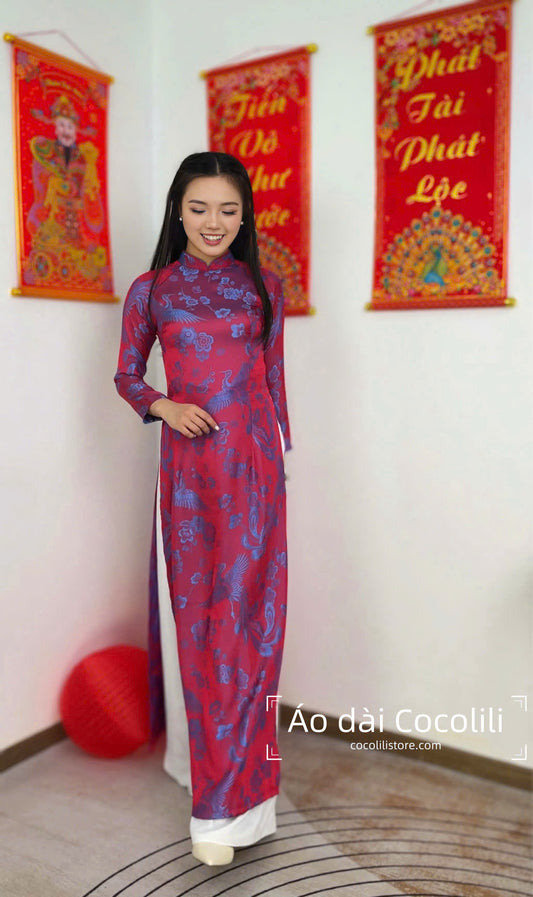 H544 only áo - Áo dài dáng truyền thống chiết li tà 130cm màu hồng sen