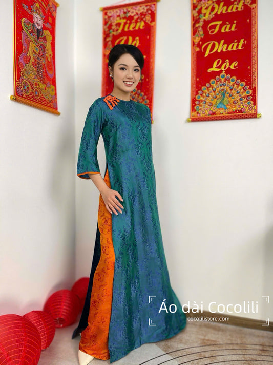 HD31 Áo xanh coban + quần cam - Áo dài 2 tà lụa nha xá Hà Đông
