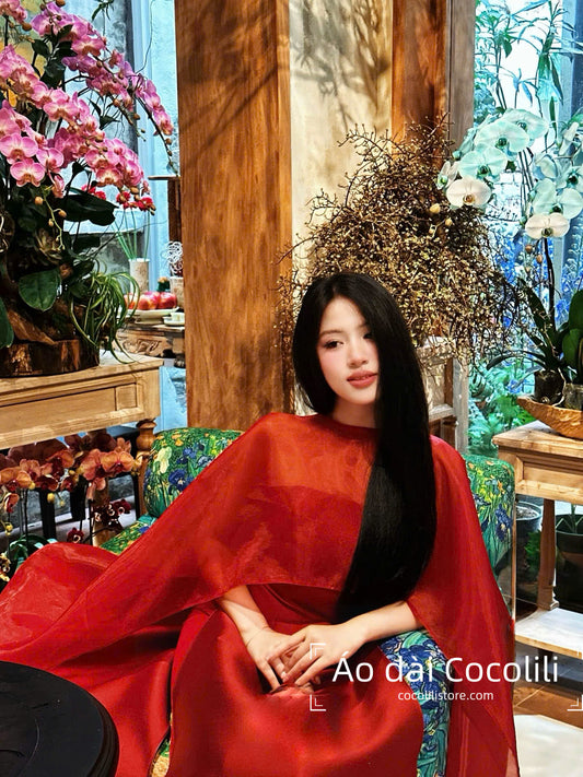 H536 only áo - Áo dài tafta quây đỏ kèm choàng