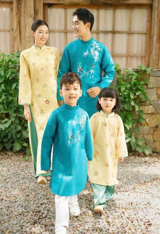 BT74 Áo only - Áo dài bé trai thêu màu xanh blue