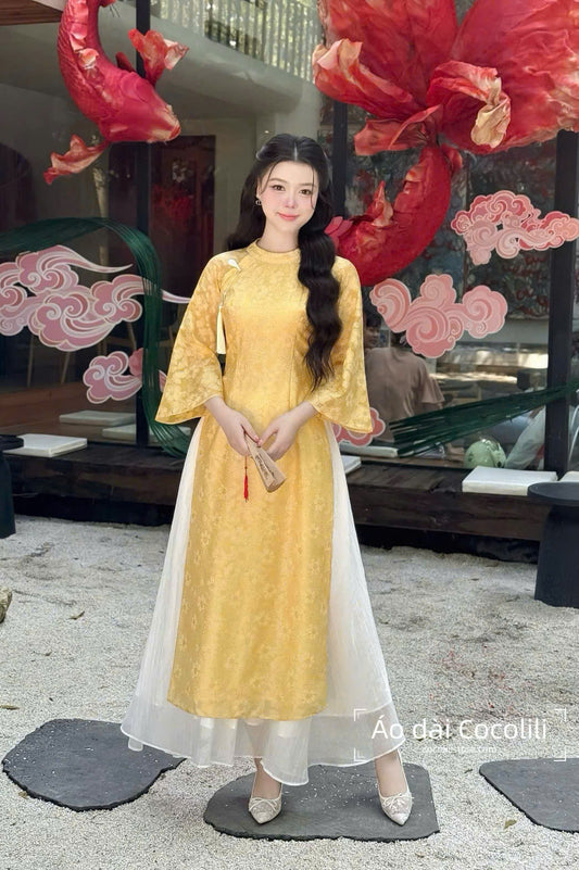 M342 Áo + chân váy - Áo dài cách tân màu vàng