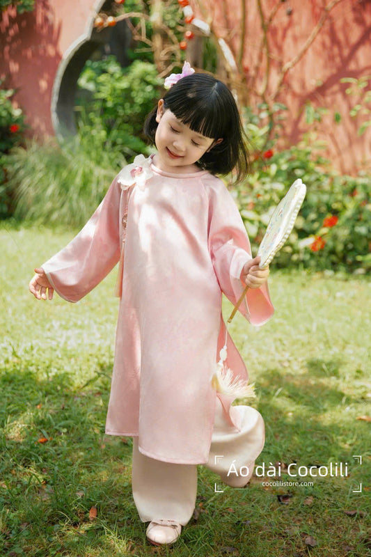 BG53 Áo + quần - Áo bé hồng đính hoa nổi