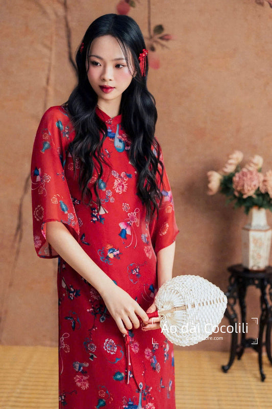 M343 Áo đỏ + quần đỏ - Áo dài tơ dáng suông