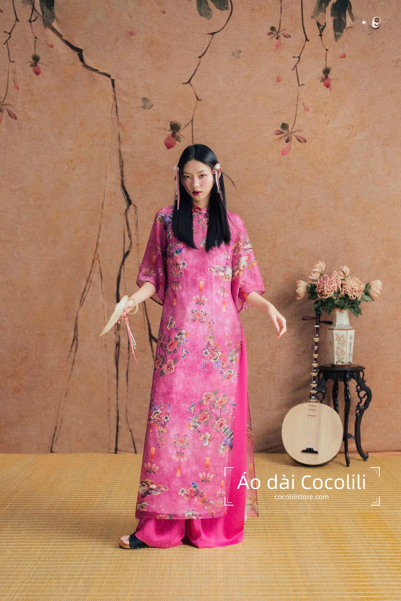 M344 Áo hồng sen + quần hồng - Áo dài tơ dáng suông