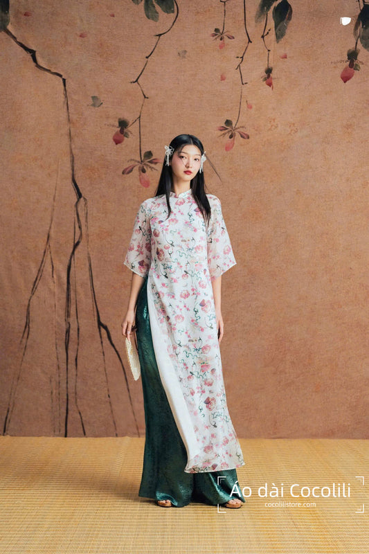 M346 Áo trắng + quần nhũ - Áo dài tơ dáng suông