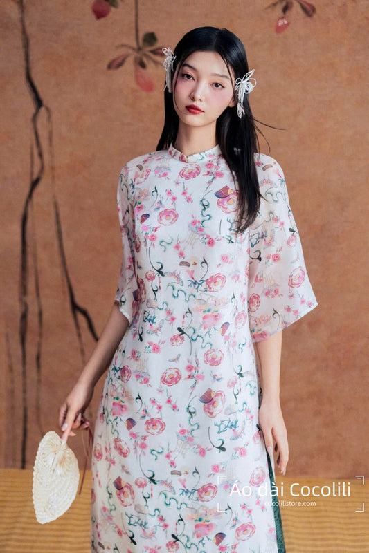 M346 Áo trắng + quần nhũ - Áo dài tơ dáng suông