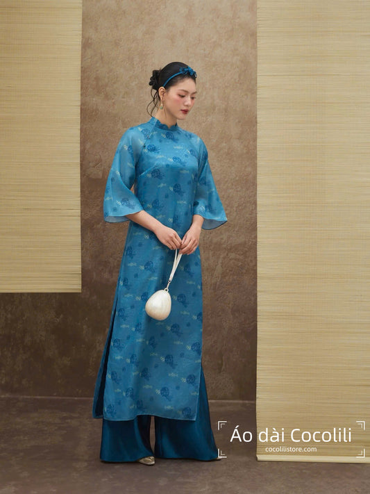 M345 Áo xanh dương + quần xanh - Áo dài tơ dáng suông