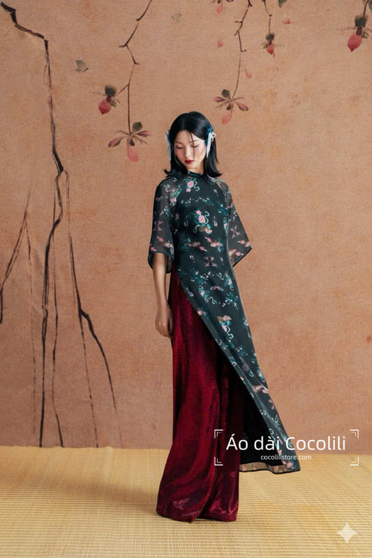 M349 Áo đen + quần nhũ đỏ - Áo dài tơ dáng suông