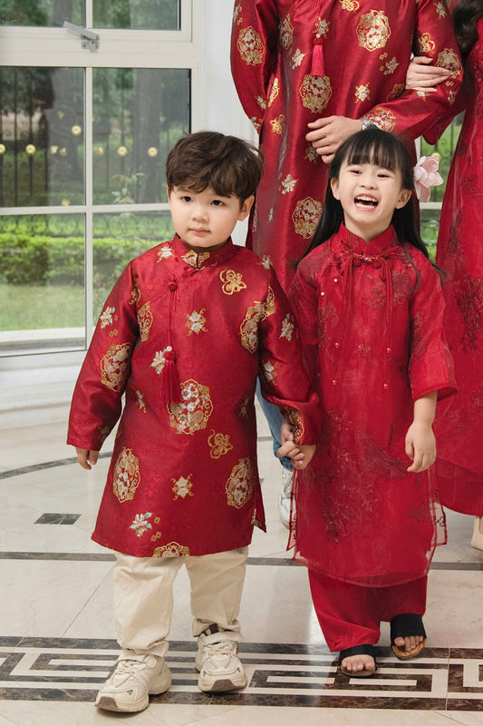 BT86 Áo only - Áo dài bé trai gấm đỏ