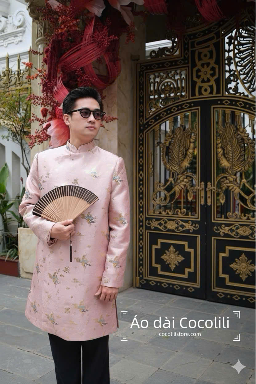 B145 Áo only - Áo dài Nam vải gấm màu hồng