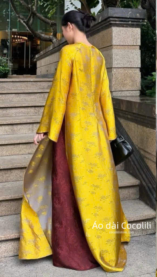 HD35 Áo vàng + quần nha xá - Áo dài dáng suông 2 tà lụa nha xá Hà Đông