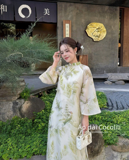 M365 áo màu cốm nhạt + quần nhũ - Áo dài dáng suông tơ 4 tà đính nơ