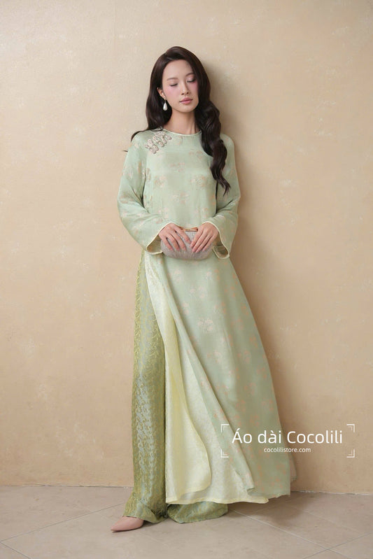 HD361 Áo xanh cốm + quần nha xá - Áo dài dáng suông 4 tà lụa nha xá