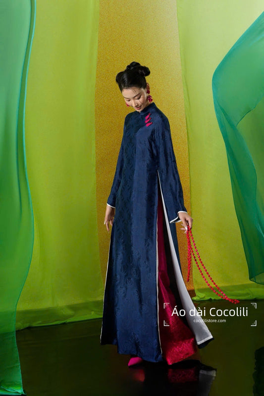 HD37 Áo xanh than + quần nha xá - Áo dài dáng suông 4 tà lụa nha xá lót tơ