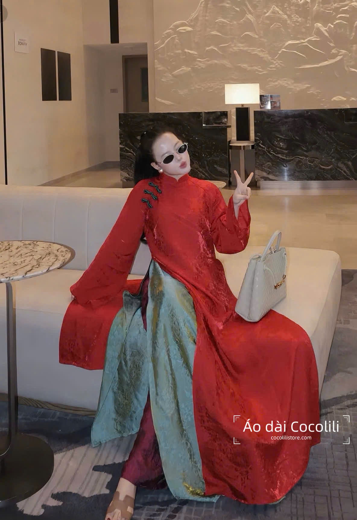 M371 Áo + quần tằm - Áo dài dáng suông 4 tà tằm ánh kim tencel màu đỏ