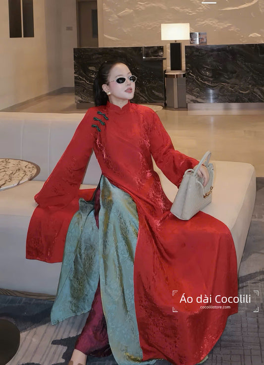 M371 Áo + quần tằm - Áo dài dáng suông 4 tà tằm ánh kim tencel màu đỏ