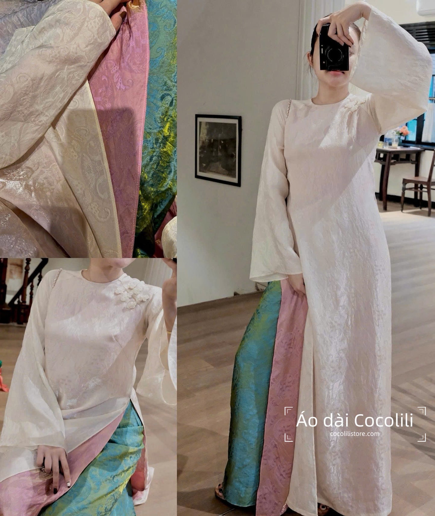 M373 Áo + quần tằm - Áo dài dáng suông 4 tà tằm ánh kim tencel màu trắng