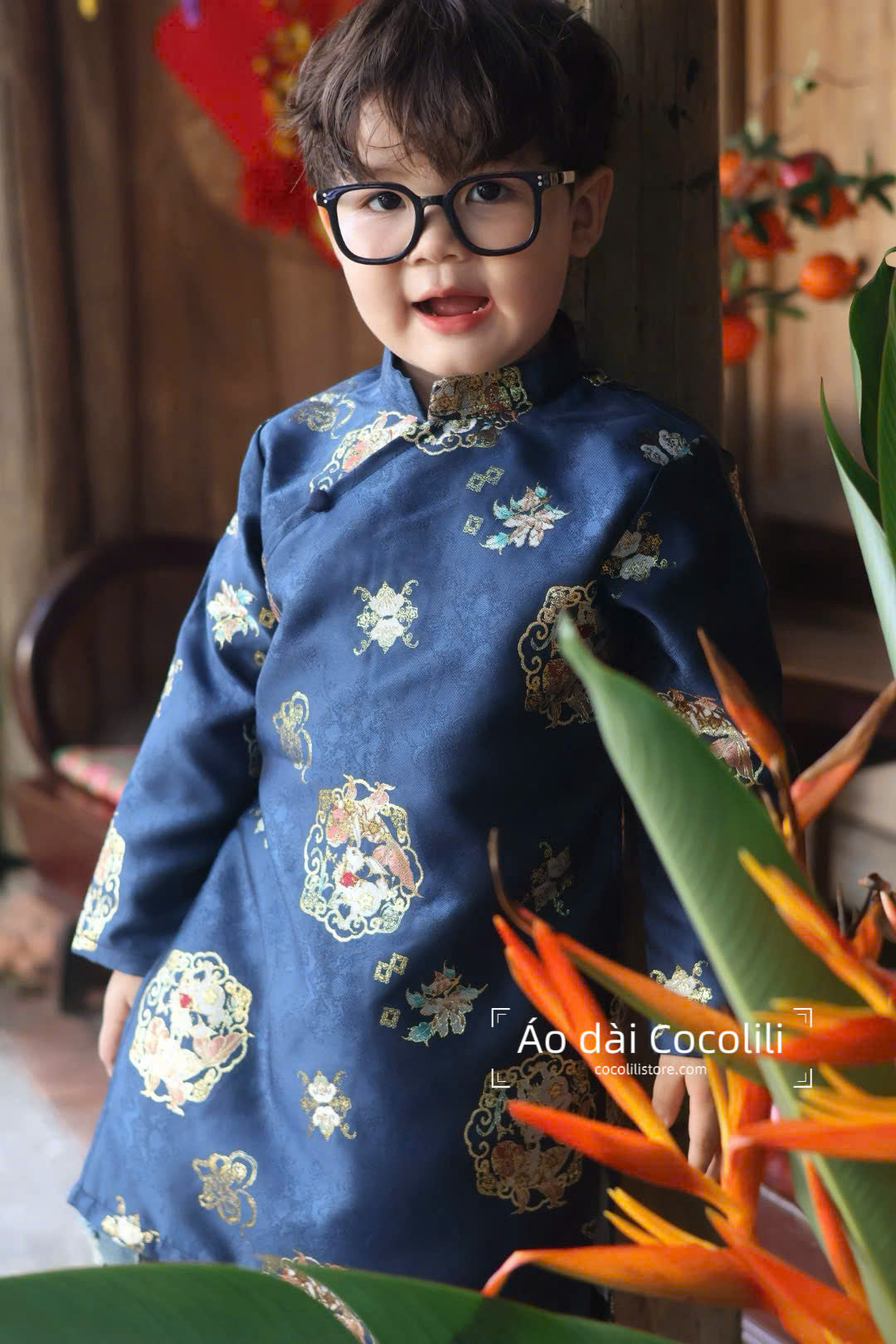 BT722 Áo only - Áo dài bé trai gấm xanh than