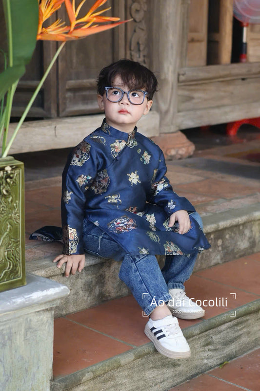 BT722 Áo only - Áo dài bé trai gấm xanh than