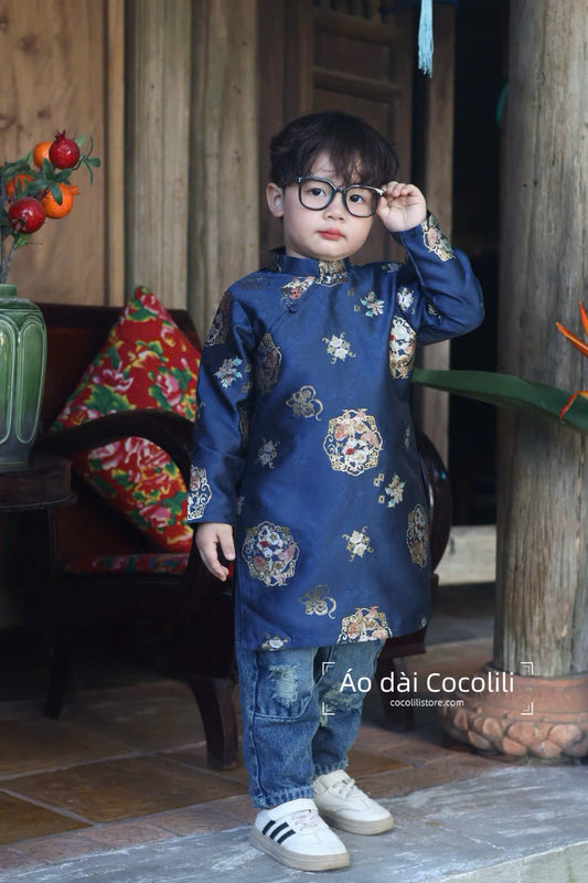 BT722 Áo only - Áo dài bé trai gấm xanh than