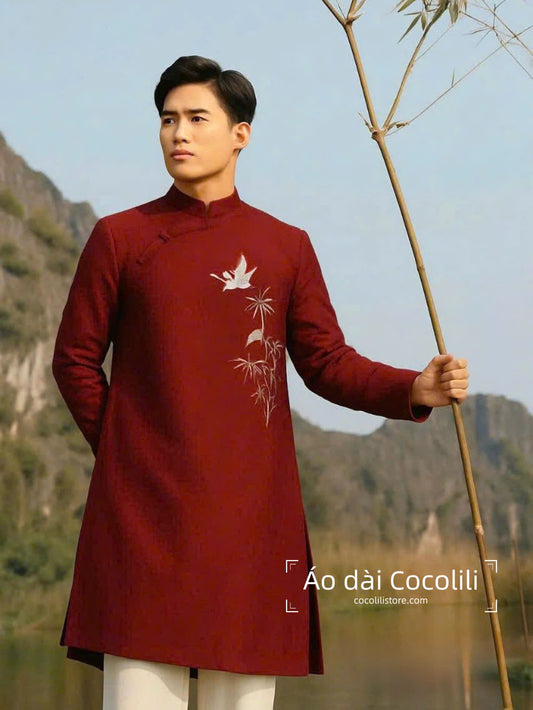 B95 Áo only - Áo dài Nam trúc màu đỏ đô