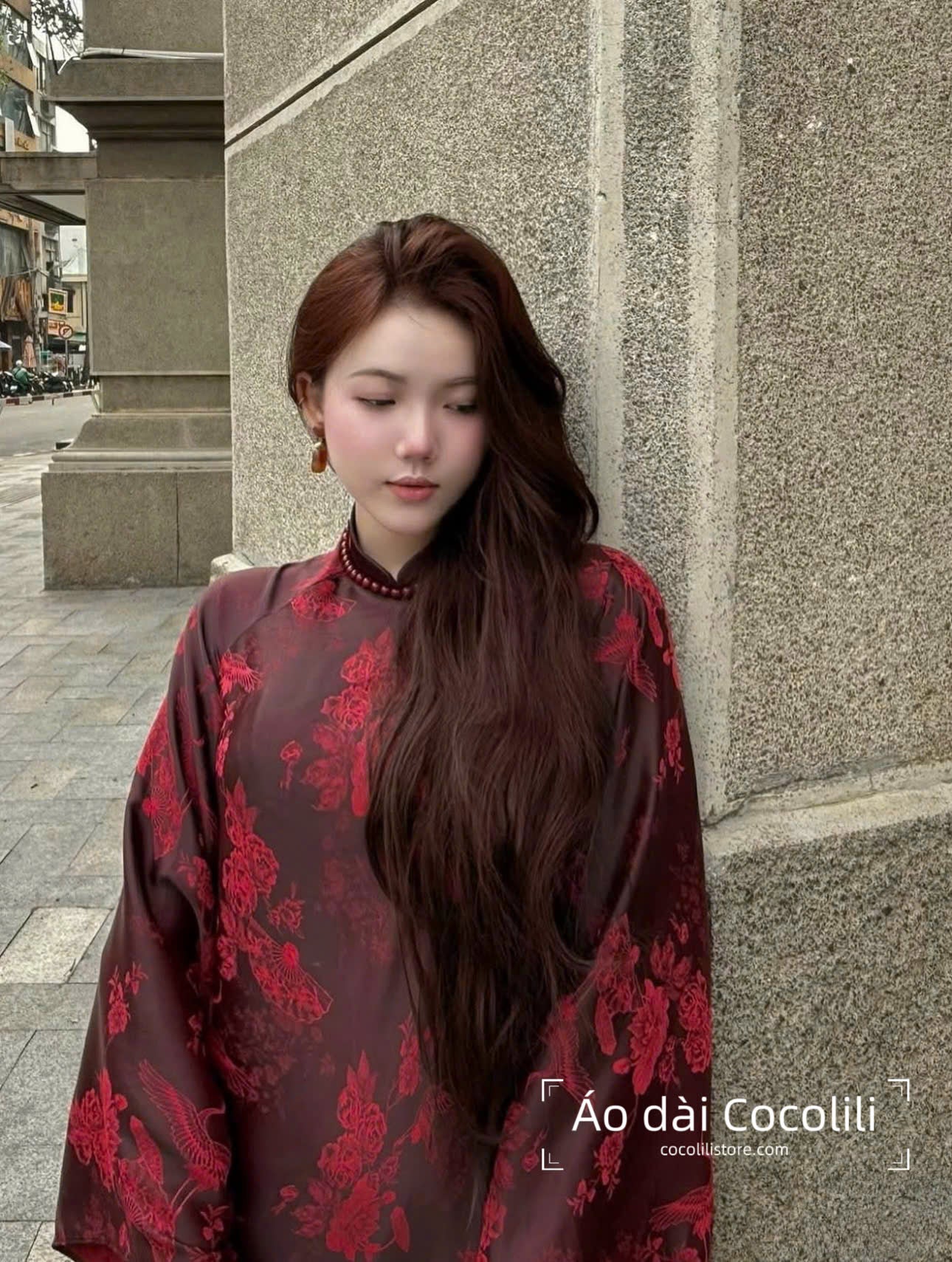 H560 Áo only - Áo dài dáng suông 2 tà lụa gấm màu đỏ đậm đính cổ