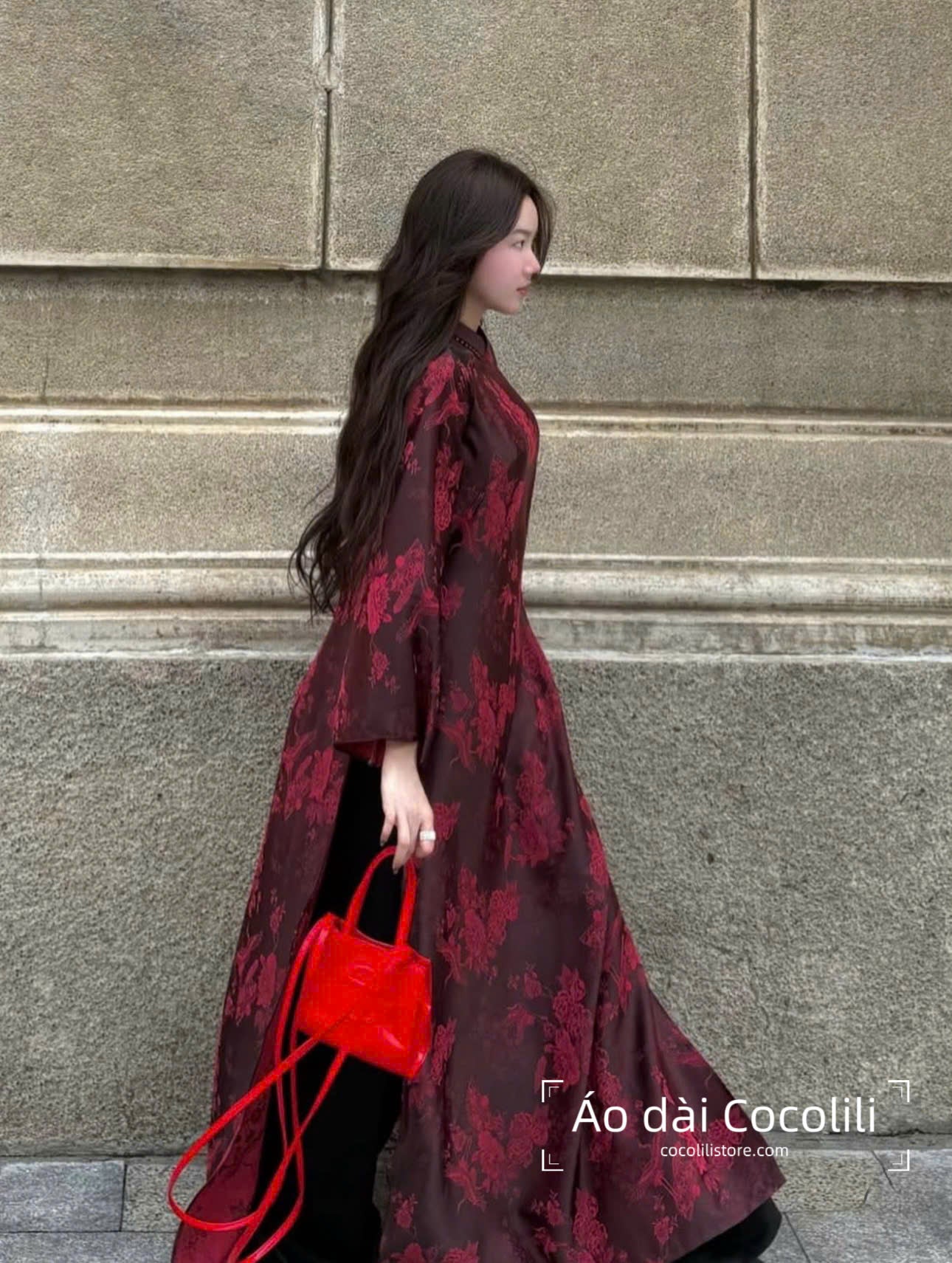 H560 Áo only - Áo dài dáng suông 2 tà lụa gấm màu đỏ đậm đính cổ