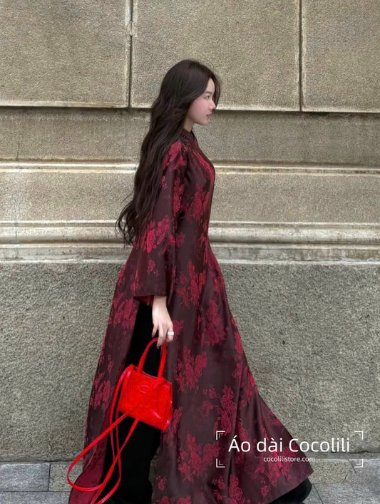H560 Áo only - Áo dài dáng suông 2 tà lụa gấm màu đỏ đậm đính cổ