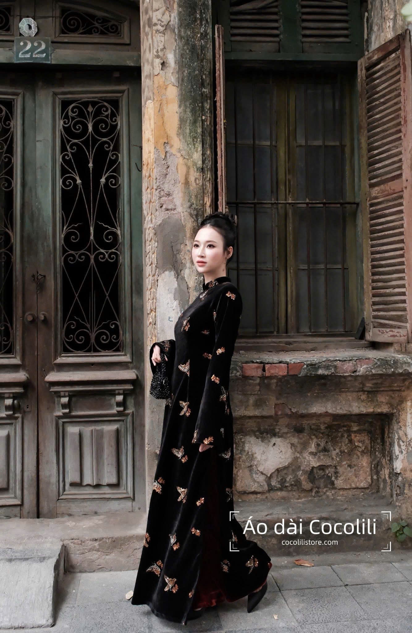 M389 Áo nhung + quần nhũ đỏ - Áo dài dáng suông nhung đen sequin bướm vàng