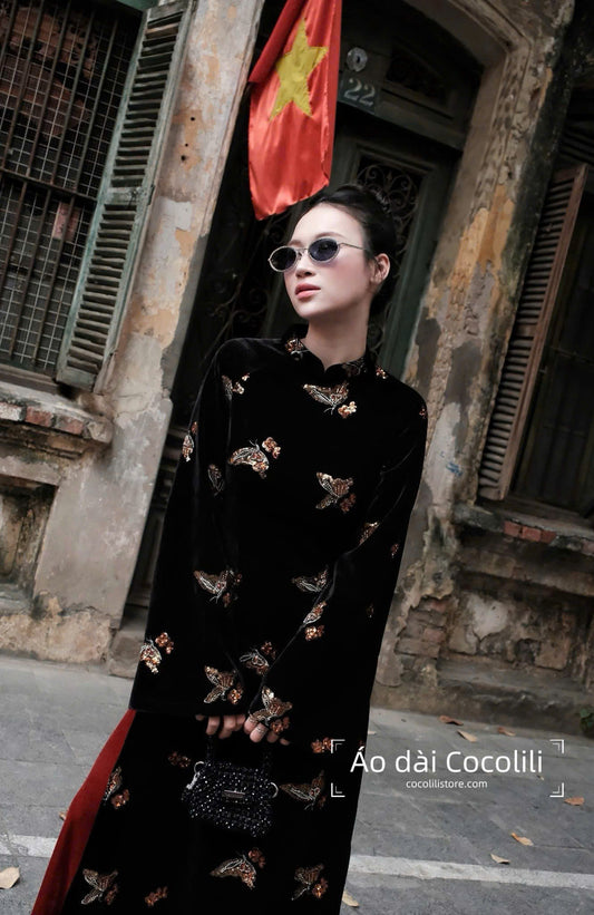 M389 Áo nhung + quần nhũ đỏ - Áo dài dáng suông nhung đen sequin bướm vàng
