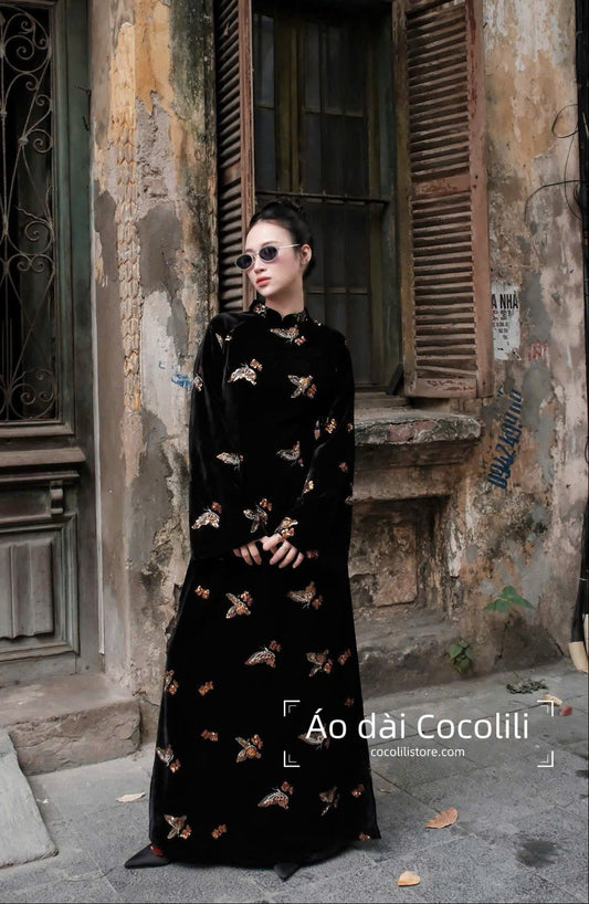 M389 Áo nhung + quần nhũ đỏ - Áo dài dáng suông nhung đen sequin bướm vàng