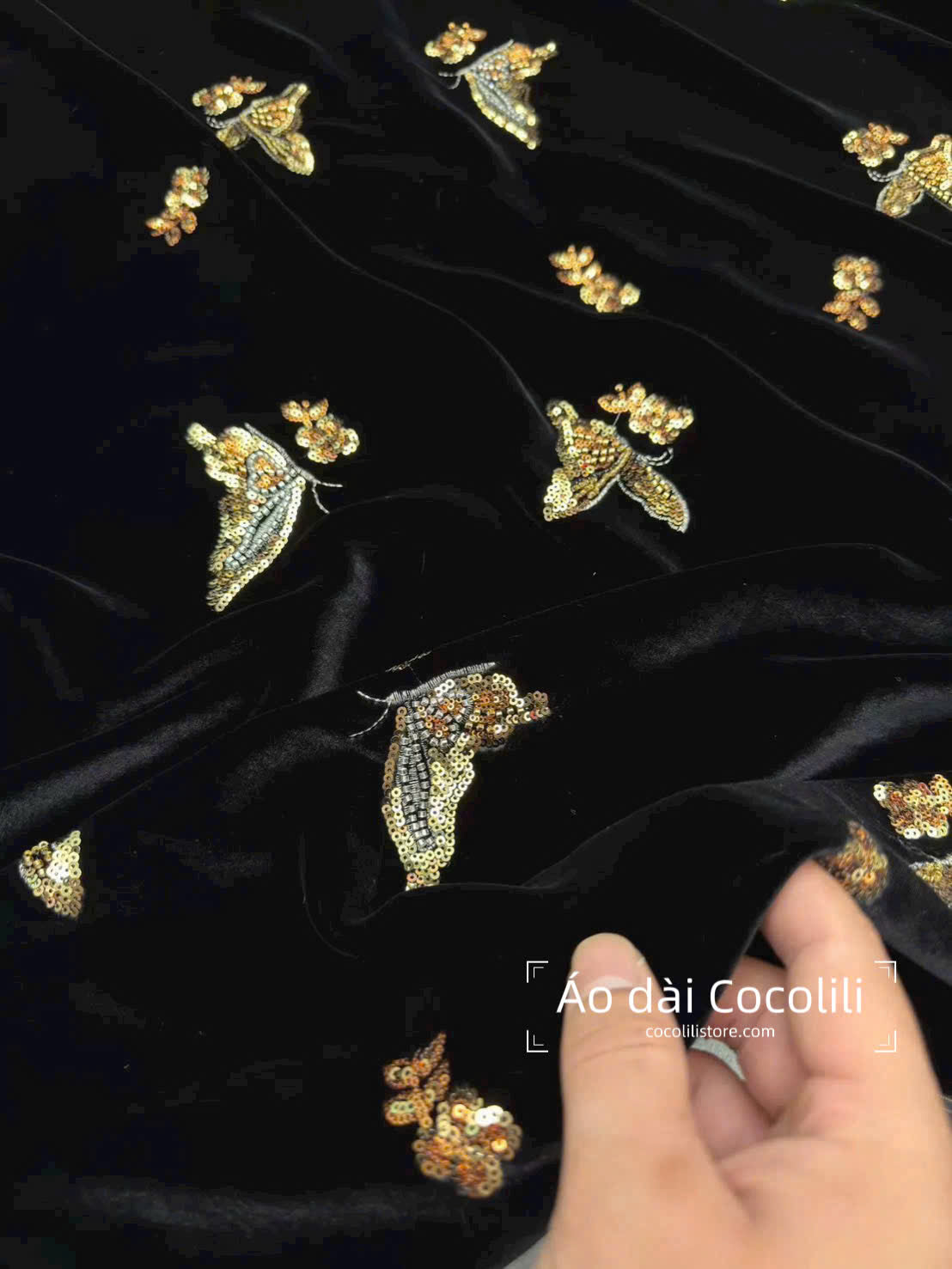 M389 Áo nhung + quần nhũ đỏ - Áo dài dáng suông nhung đen sequin bướm vàng