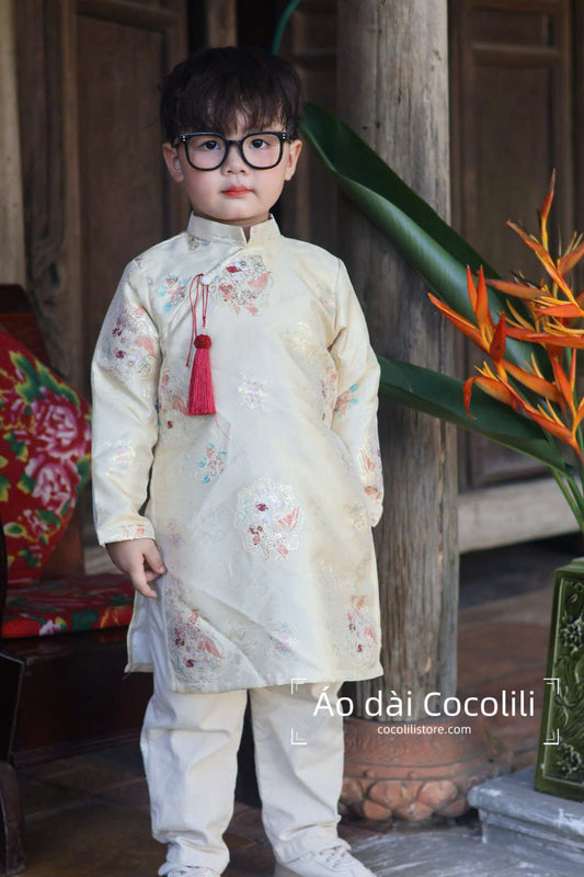 BT87 Áo only - Áo dài bé trai gấm màu be vàng