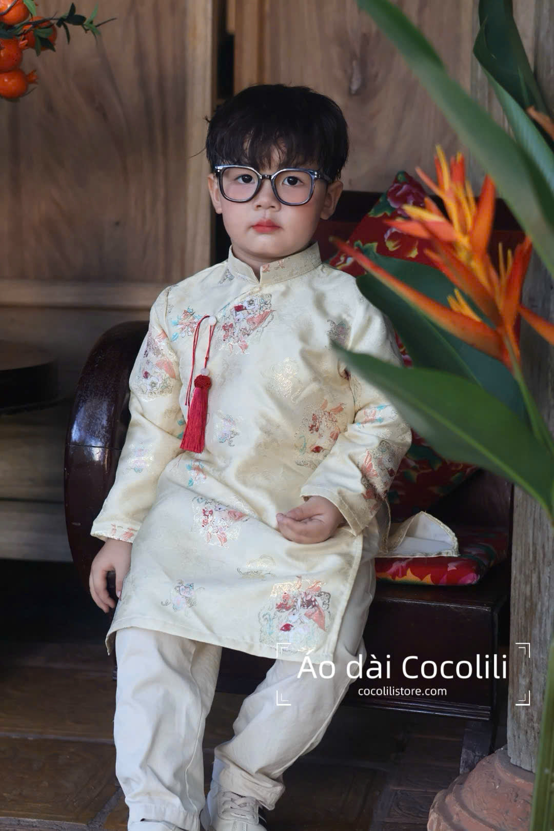 BT87 Áo only - Áo dài bé trai gấm màu be vàng