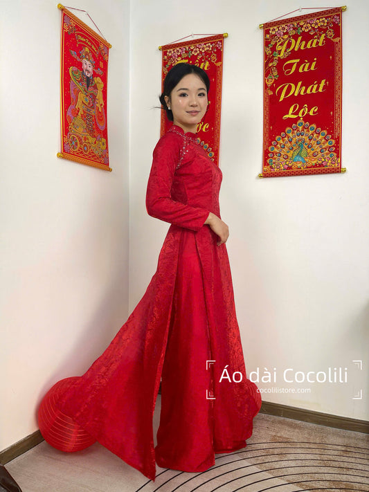 M374 Áo + quần tằm - Áo dài dáng truyền thống chiết li 2 tà màu đỏ đính kết