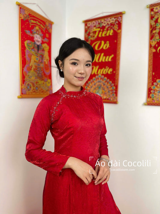 M374 Áo + quần tằm - Áo dài dáng truyền thống chiết li 2 tà màu đỏ đính kết