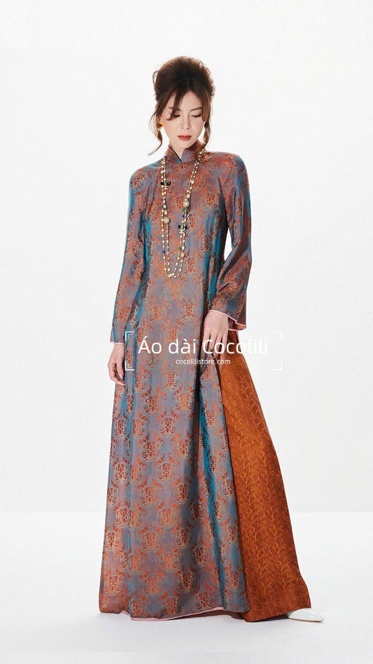 HD39 Áo dài + quần lụa tơ tằm nha xá - Áo dài dáng suông 2 tà lụa tơ tằm nha xá