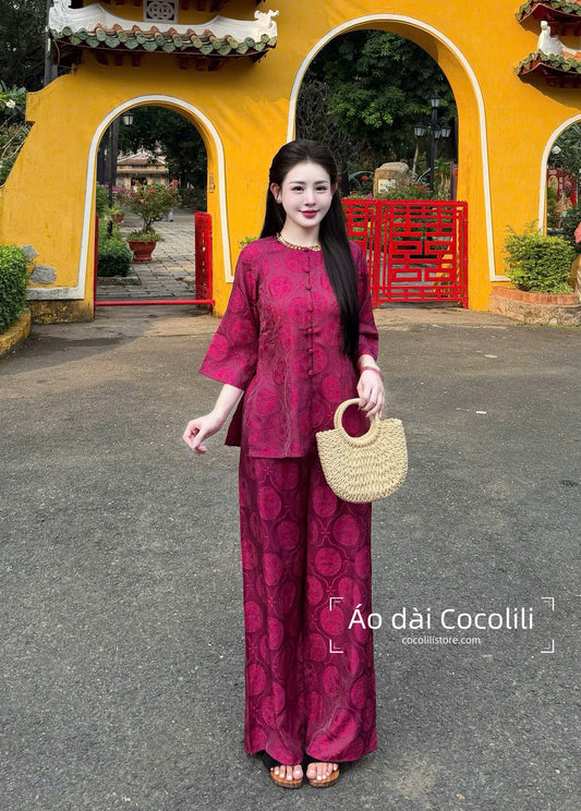 BB33 3540 Áo + quần - Bộ bà ba lụa hoa thuỷ tiên màu tím cẩm đính cổ