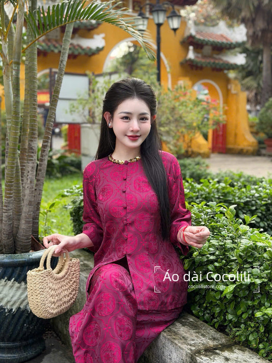 BB33 3540 Áo + quần - Bộ bà ba lụa hoa thuỷ tiên màu tím cẩm đính cổ