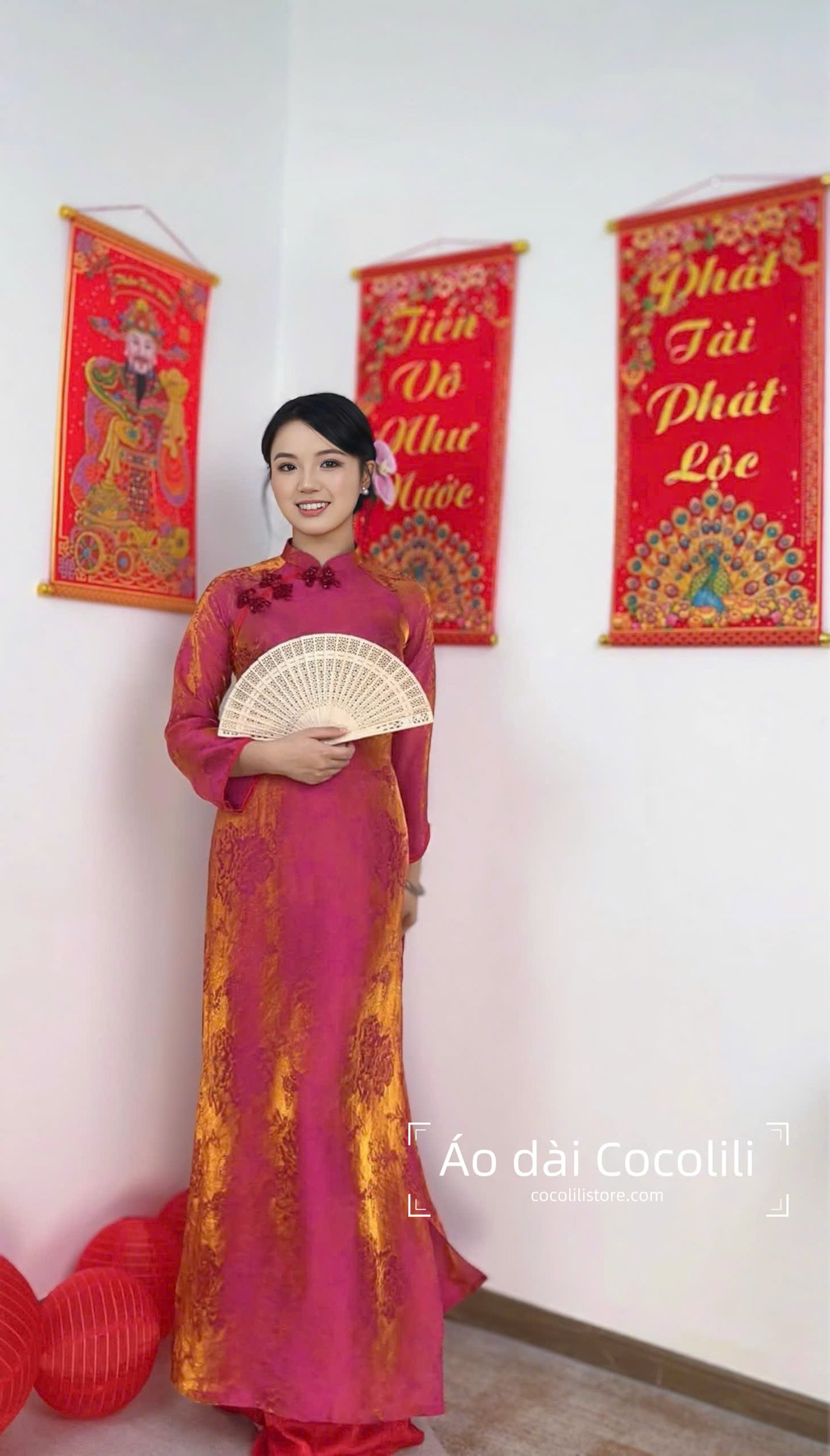 M380 Áo + quần hoa nhí - Áo dài dáng suông 2 tà lụa tằm ánh kim tencel màu hồng sen