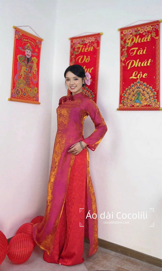 M380 Áo + quần hoa nhí - Áo dài dáng suông 2 tà lụa tằm ánh kim tencel màu hồng sen